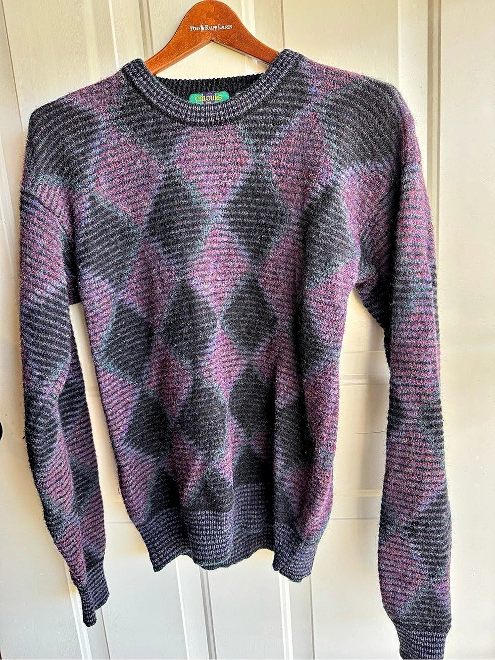 Vintage Colours by Alexander Julian Shetland Wool Sweater L Geometric Made Hong
